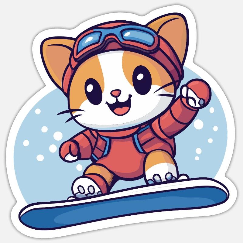 Snowboard Snowboarder Chat - Sticker taille S (10 x 10 cm) - blanc mat