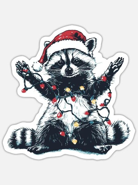 Waschbär mit Weihnachtsmütze und Lichterkette - Sticker Größe S (10 x 10 cm) - Mattweiß