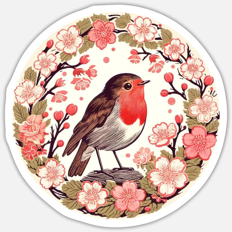 Kirschblüten-Rotkehlchen Sticker Größe S (10 x 10 cm)