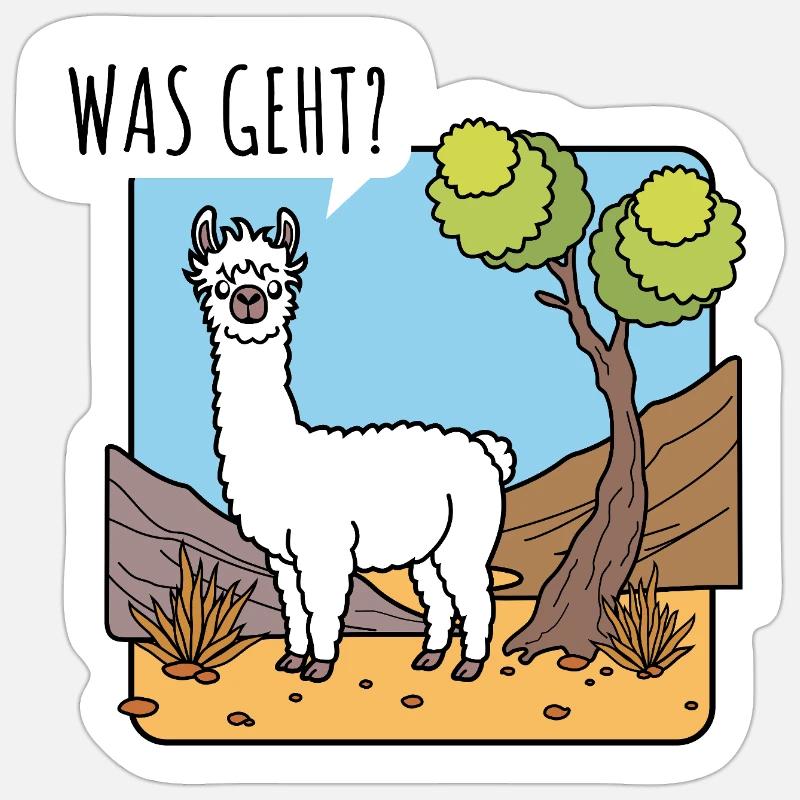 Was geht? frägt das Lama, oder ist das ein Alpaka? Sticker Größe S (10 x 10 cm)