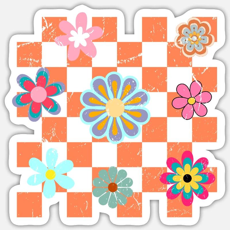 Karierte Retro-Blumen - Sticker Größe S (10 x 10 cm) - Mattweiß
