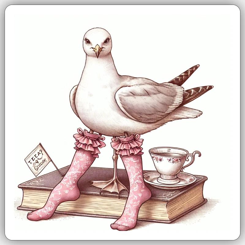Chic seagull lady having tea with book Sticker size S (10 x 10 cm)