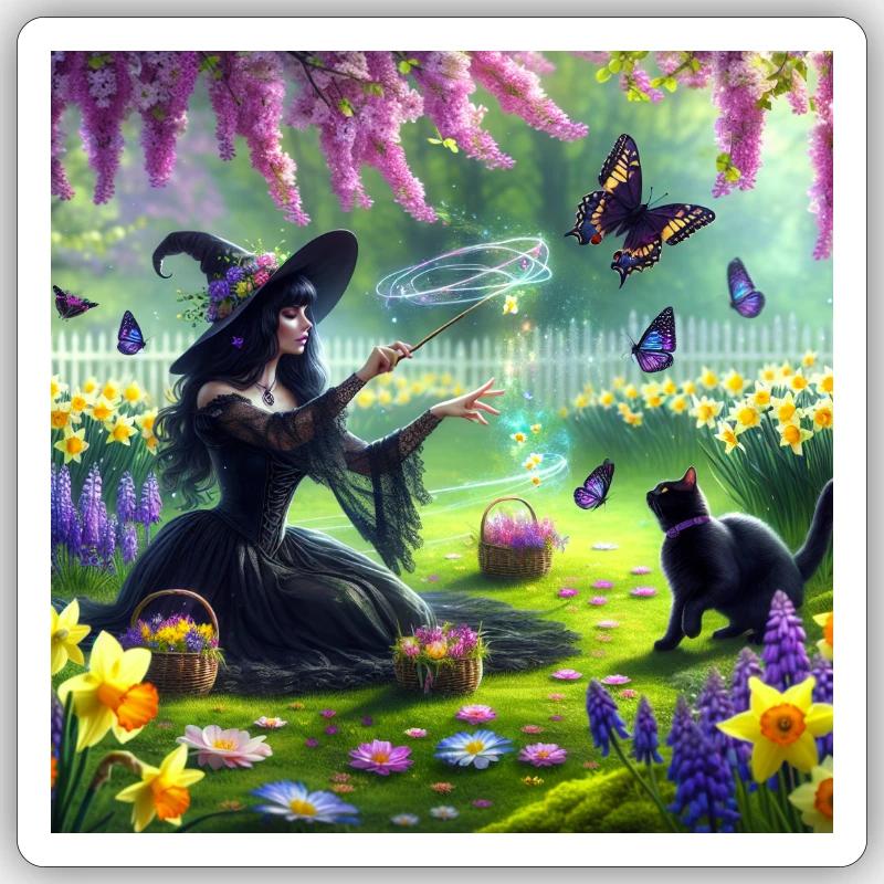 Witch in Spring Meadow - Sticker size S (10 x 10 cm) - white matte