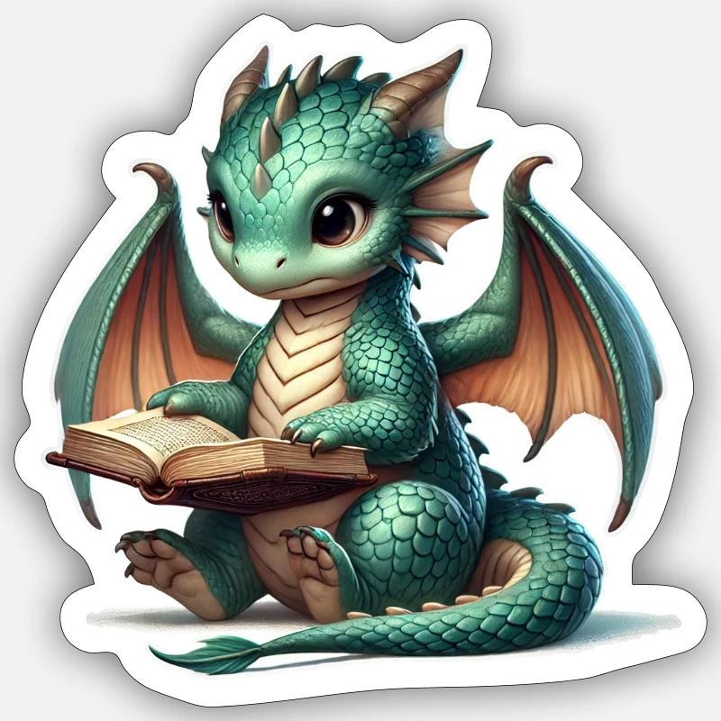 Drache liest Buch - Sticker Größe S (10 x 10 cm) - Mattweiß