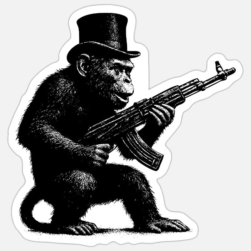 Singe avec mitrailleuse - Sticker taille S (10 x 10 cm) - blanc mat
