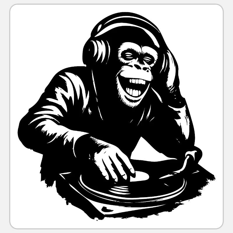 DJ The Monkey Danse à la Banksy - Sticker taille S (10 x 10 cm) - blanc mat