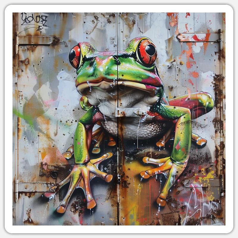 Graffiti grenouille verte surface rouillée - Sticker taille S (10 x 10 cm) - blanc mat