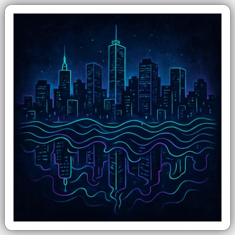 Neon Skyline with Reflection - Sticker size S (10 x 10 cm) - white matte