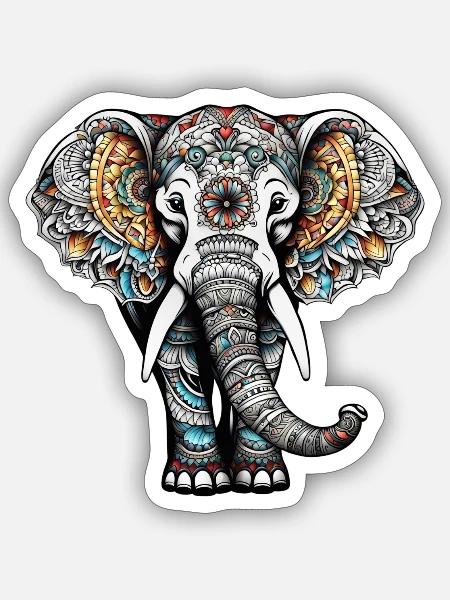 bunter elefant im tattoo style - Sticker Größe S (10 x 10 cm) - Mattweiß