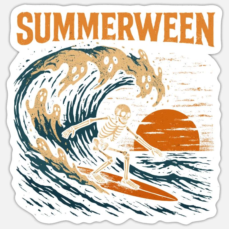 Summerween Surfing Skeleton - Halloween Design - Sticker Größe S (10 x 10 cm) - Mattweiß