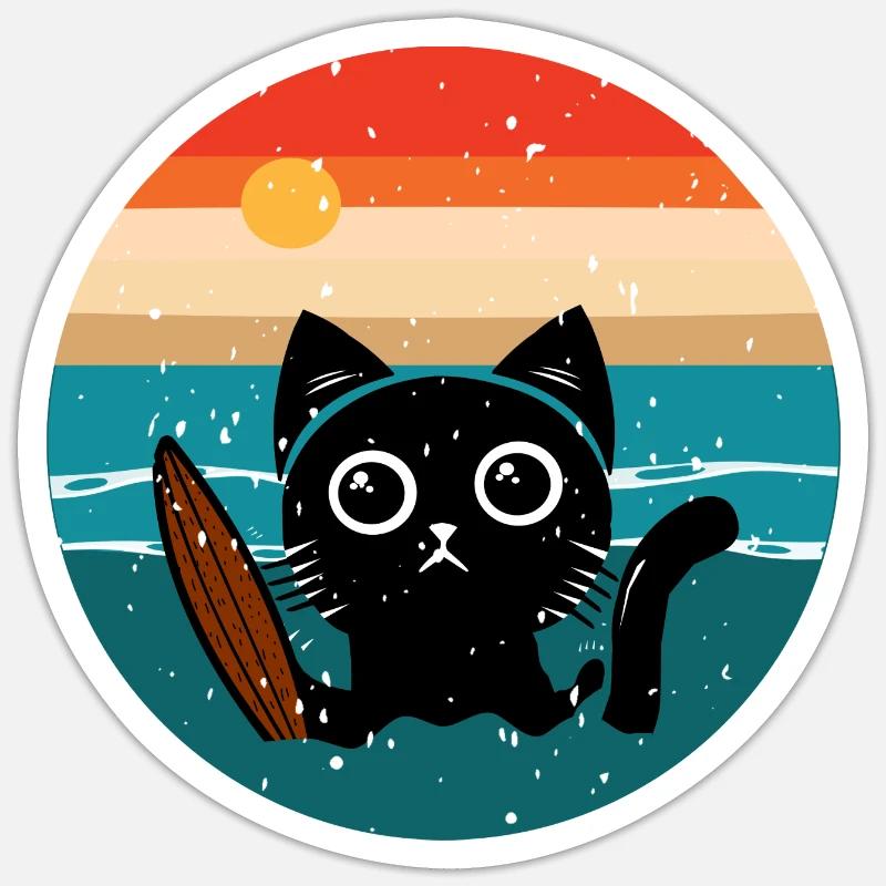 Chat surfeur - Sticker taille S (10 x 10 cm) - blanc mat
