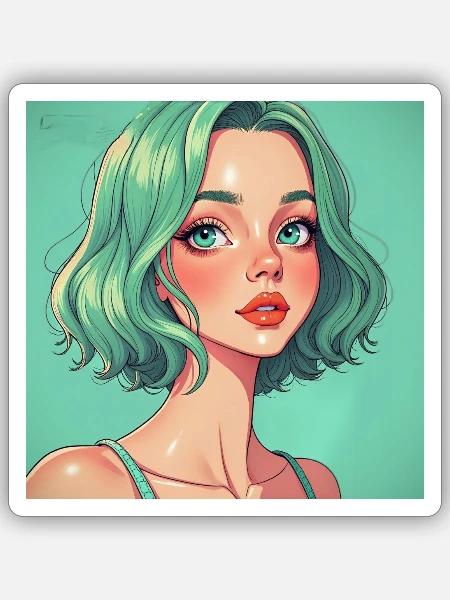 Mintgruen Pop-Art Portrait Dame - Sticker Größe S (10 x 10 cm) - Mattweiß