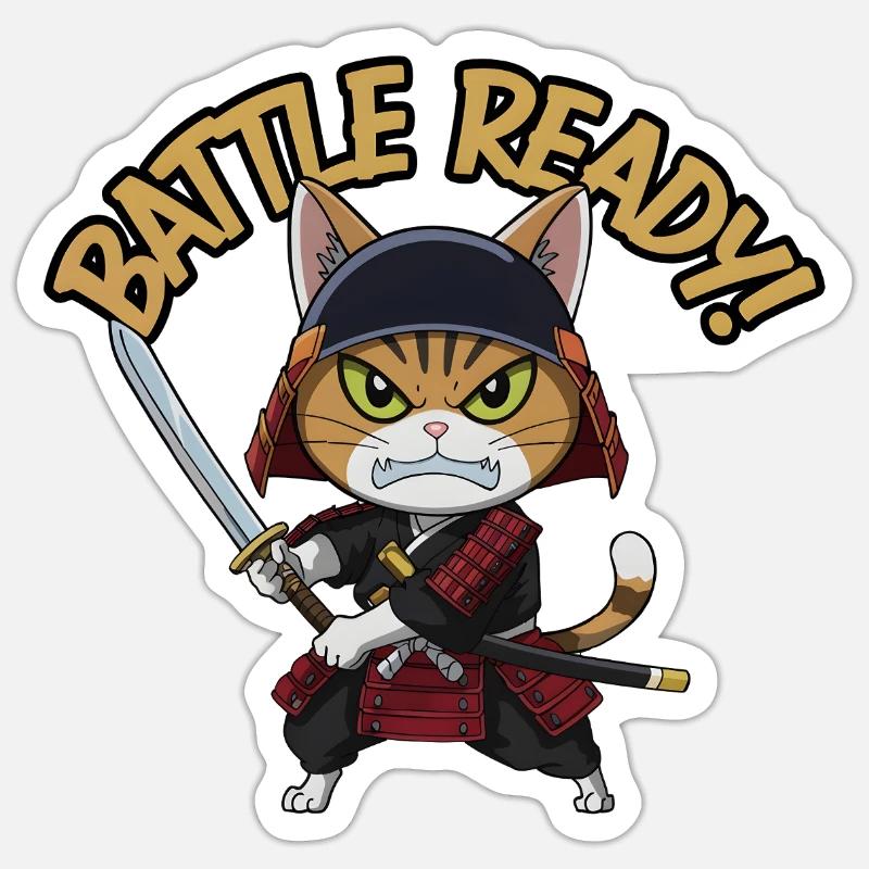 Samurai-Katze - Sticker Größe S (10 x 10 cm) - Mattweiß