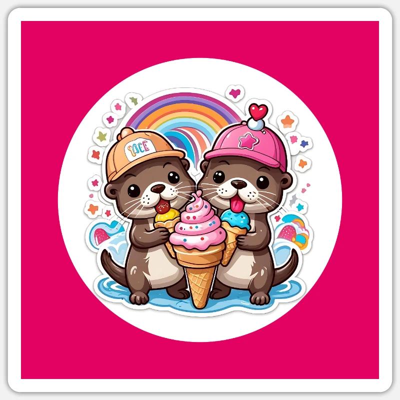 Zwei Otter mit bunter Eistüte Sticker Größe S (10 x 10 cm)