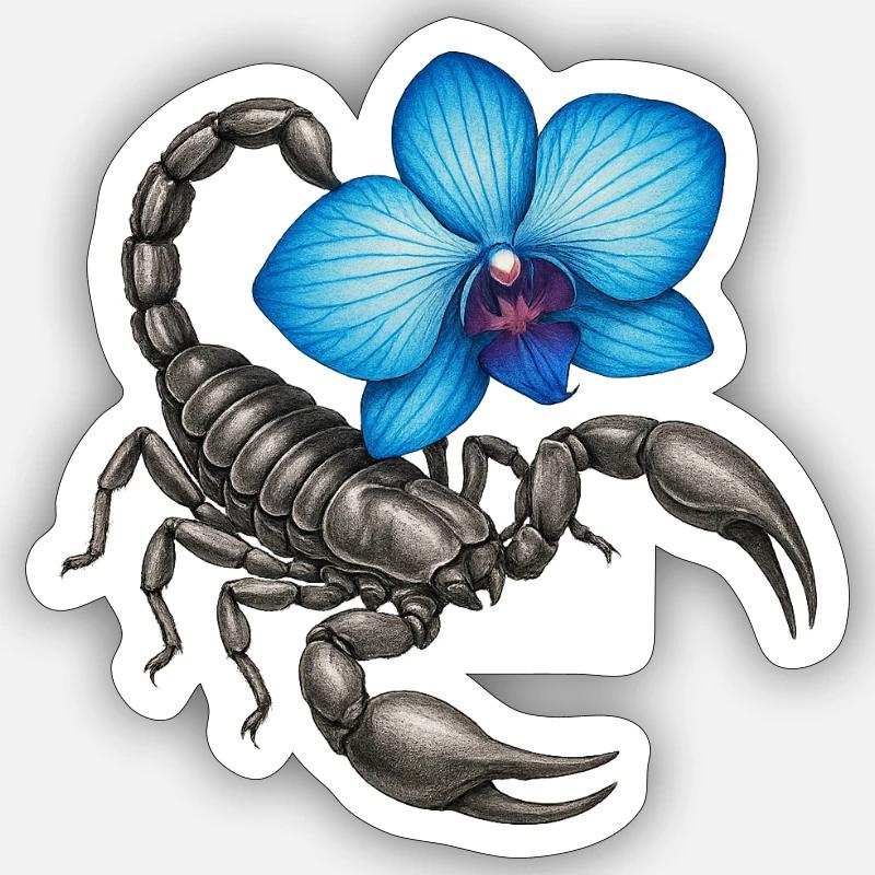 Skorpion mit blauer Orchidee - Sticker Größe S (10 x 10 cm) - Mattweiß