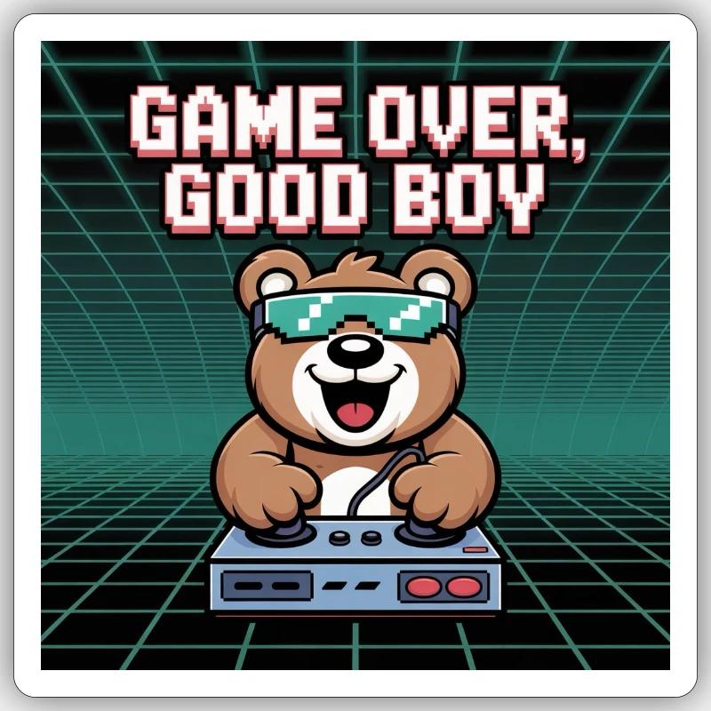 Retro Gaming Mignon DJ Bear - Sticker taille S (10 x 10 cm) - blanc mat