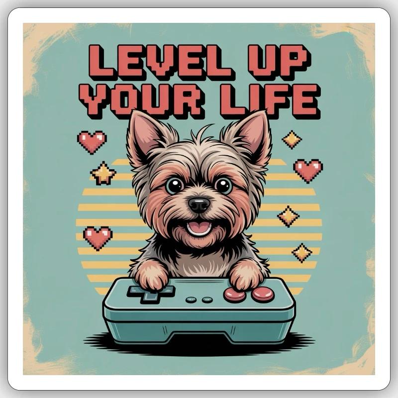 Pixel Dog et Level Up Theme - Sticker taille S (10 x 10 cm) - blanc mat