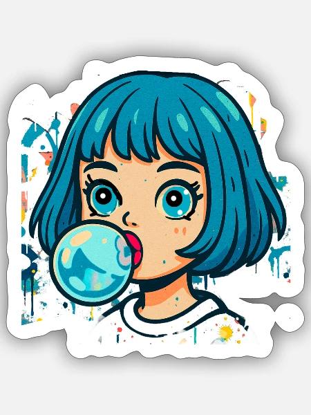 blaue haare,mädchen,kaugummi, japanisch, kawaii - Sticker Größe S (10 x 10 cm) - Mattweiß