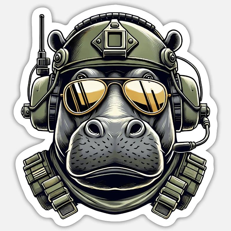 Hippopotame Conception militaire - Sticker taille S (10 x 10 cm) - blanc mat
