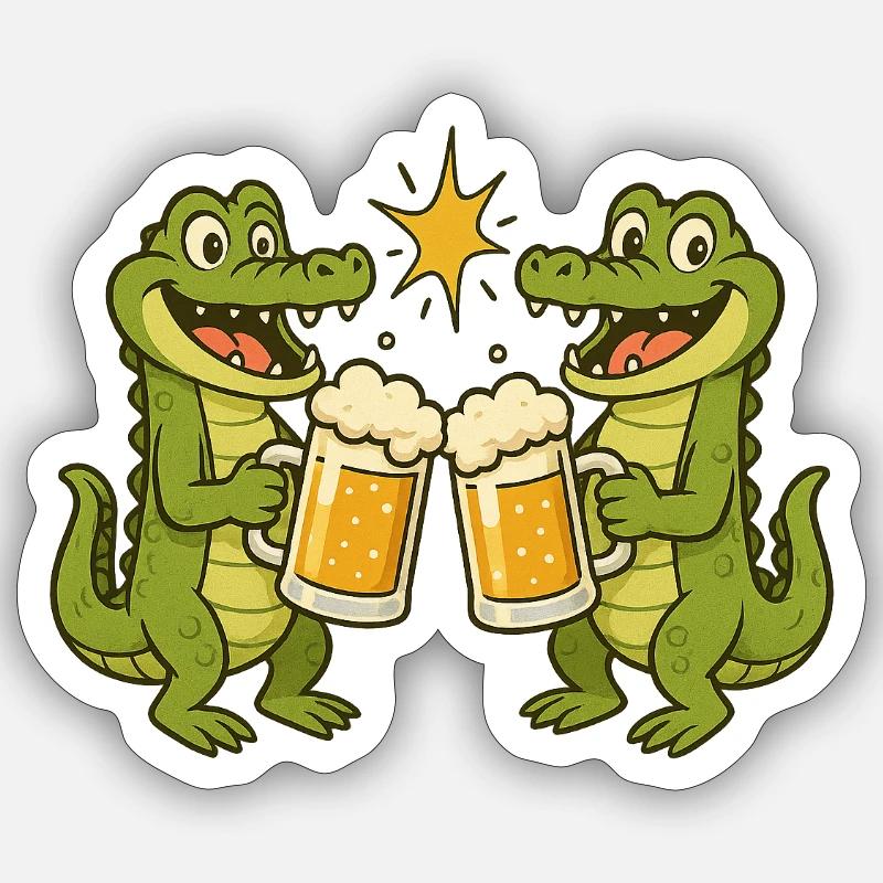 Lachende Krokodile mit Bier - Sticker Größe S (10 x 10 cm) - Mattweiß