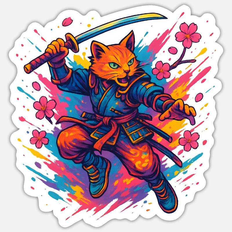 Guerrier chat de style samouraï - Sticker taille S (10 x 10 cm) - blanc mat