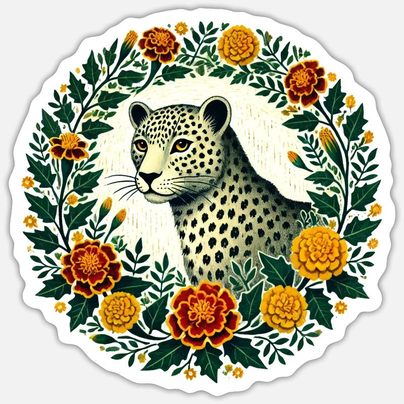 Eleganter Leopard mit Blumenrahmen - Sticker Größe S (10 x 10 cm) - Mattweiß