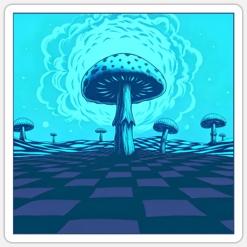 Futuristic Blue Psychedelic Mushroom Scene - Sticker size S (10 x 10 cm) - white matte