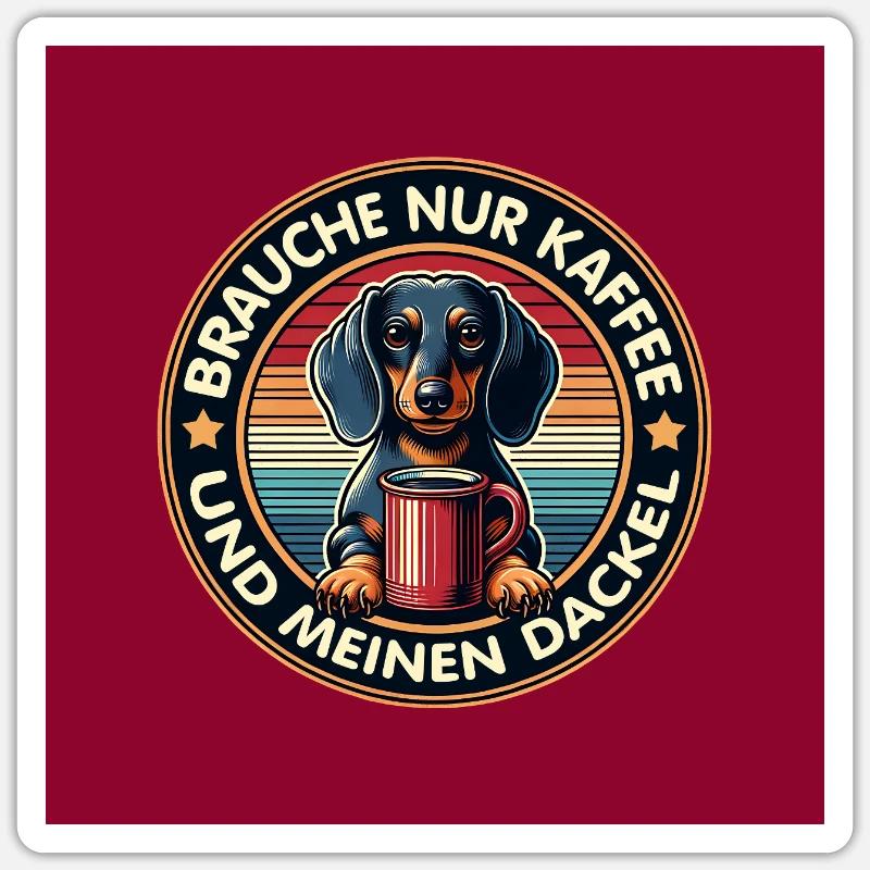 Teckel avec tasse à café - Sticker taille S (10 x 10 cm) - blanc mat