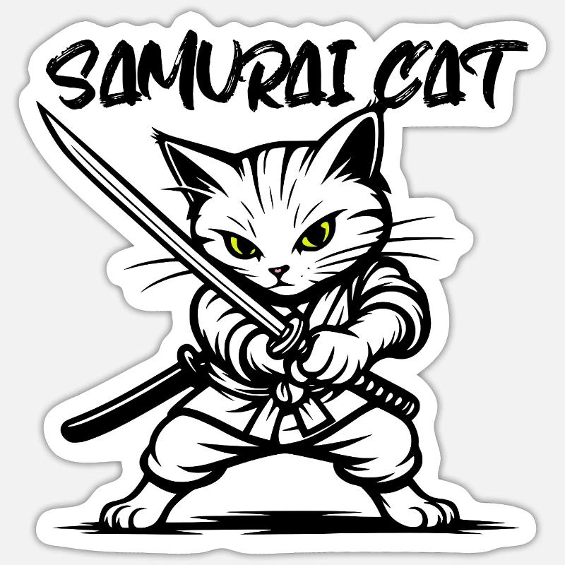 Samurai Katze - Sticker Größe S (10 x 10 cm) - Mattweiß