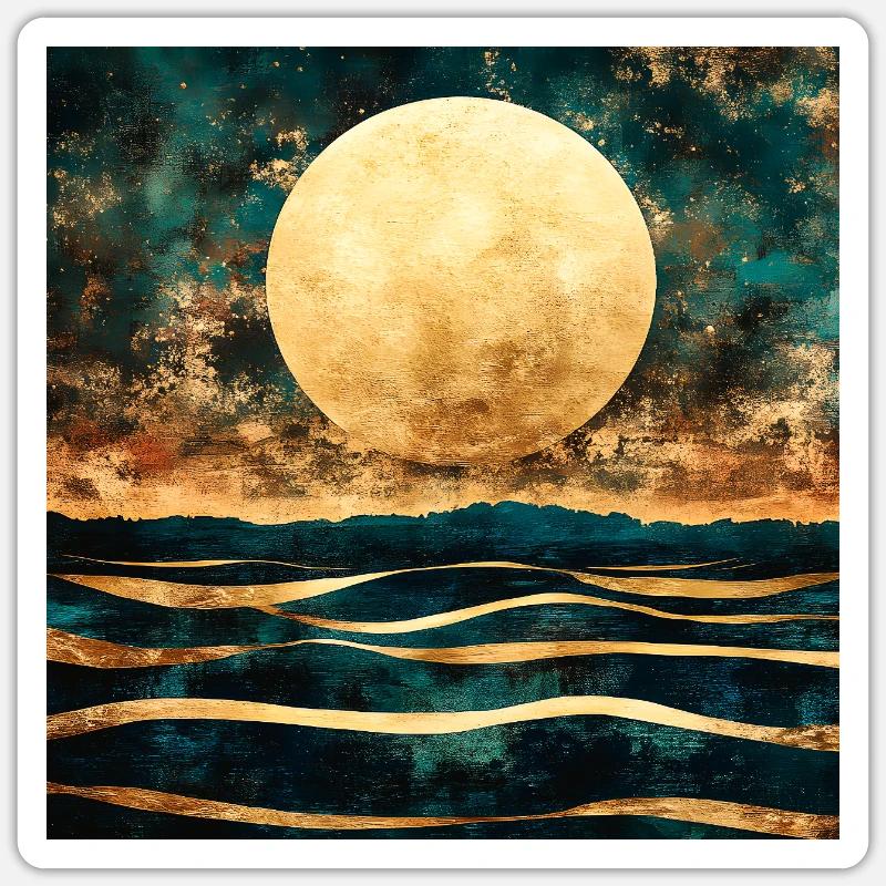 Lune dorée sur horizon aquarelle - Sticker taille S (10 x 10 cm) - blanc mat