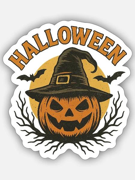 Halloween Kürbiskopf mit Hexenhut Design - Sticker Größe S (10 x 10 cm) - Mattweiß