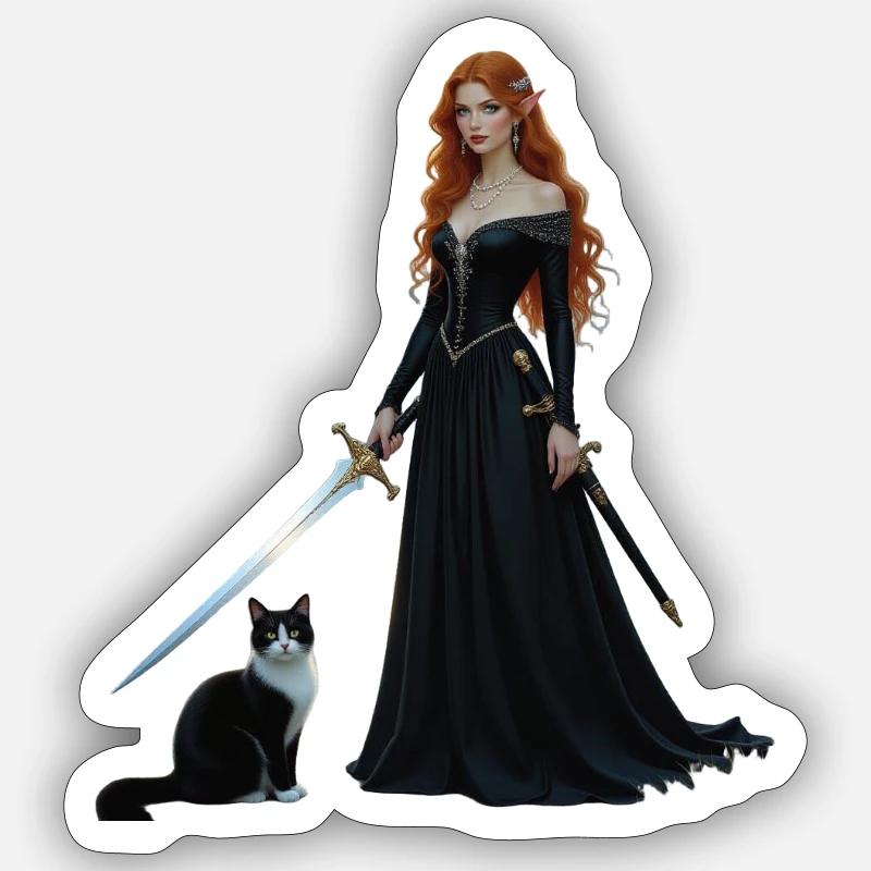 Belle fée princesse et chat - Sticker taille S (10 x 10 cm) - blanc mat