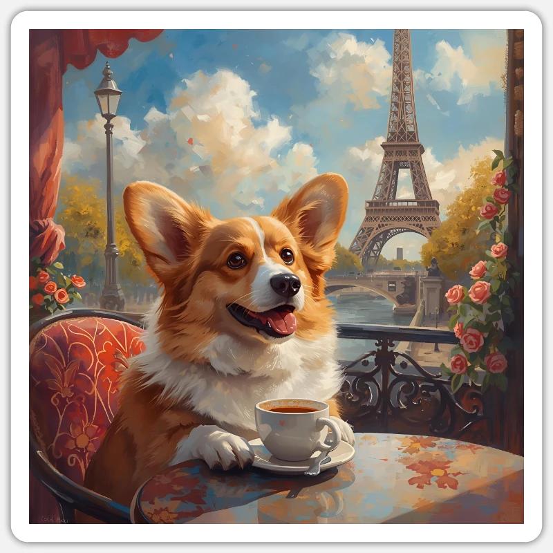 Corgi buvant du café devant la Tour Eiffel à Paris - Sticker taille S (10 x 10 cm) - blanc mat
