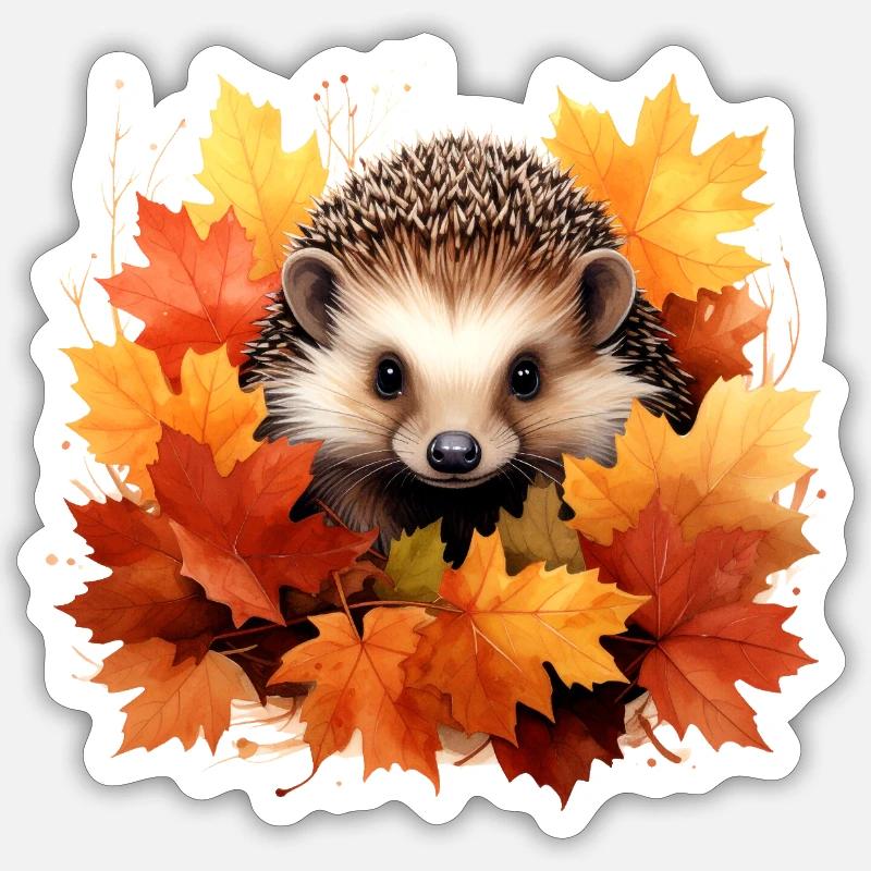 Hérisson d'automne dans les feuilles - Sticker taille S (10 x 10 cm) - blanc mat