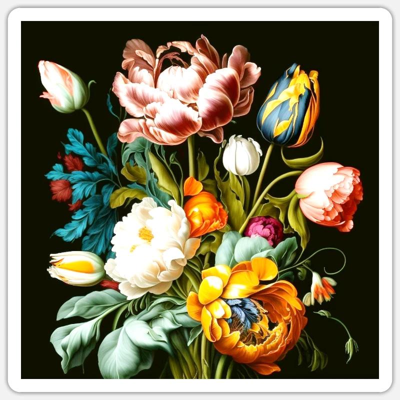 Composition florale texturée sur noir Sticker taille S (10 x 10 cm)