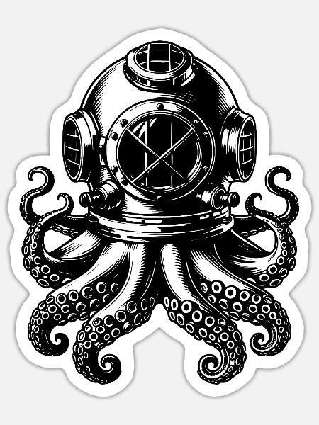 Kraken im Taucherhelm im Vintage Look - Sticker Größe S (10 x 10 cm) - Mattweiß