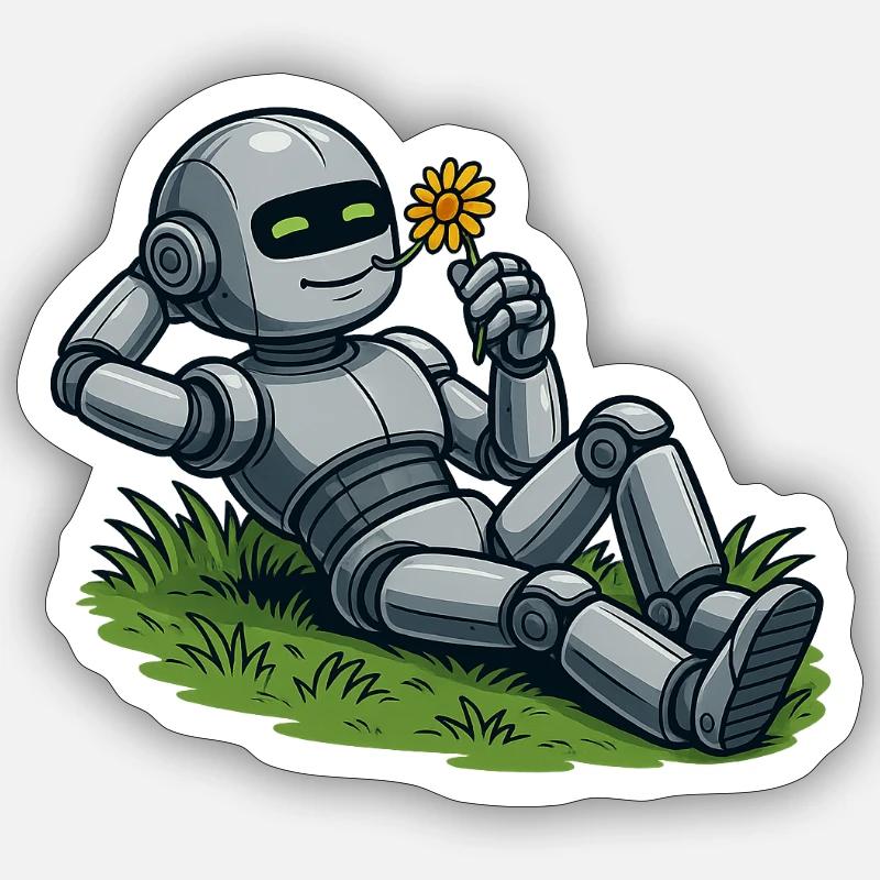 Roboter mit Blume auf einen Rasen - Sticker Größe S (10 x 10 cm) - Mattweiß