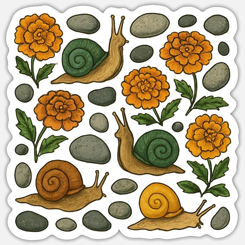 Whimsical Snails and Marigolds Pattern - Sticker size S (10 x 10 cm) - white matte