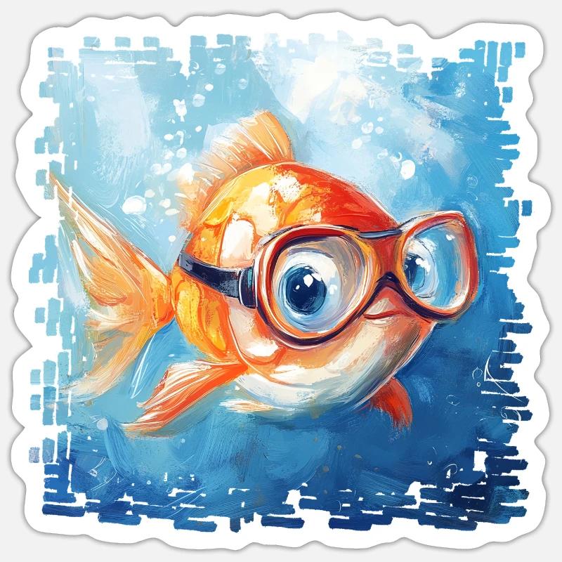 Poisson rouge avec lunettes de plongée - Sticker taille S (10 x 10 cm) - blanc mat