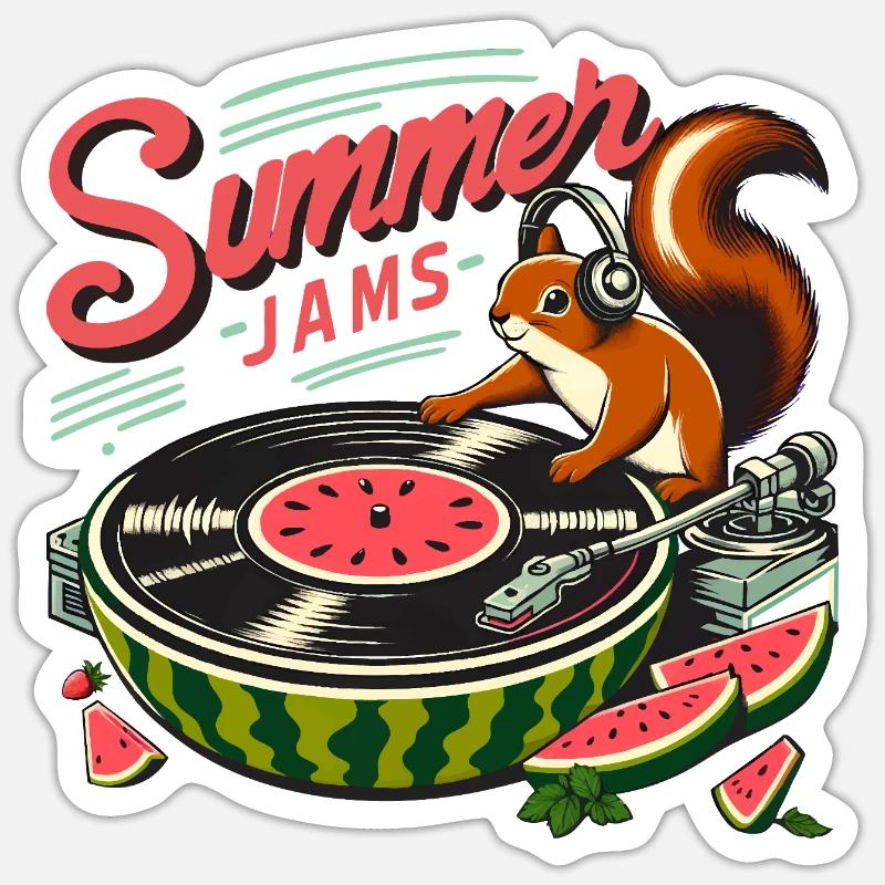 Summer Jams Musik - Eichhörnchen mit Melone - Sticker Größe S (10 x 10 cm) - Mattweiß