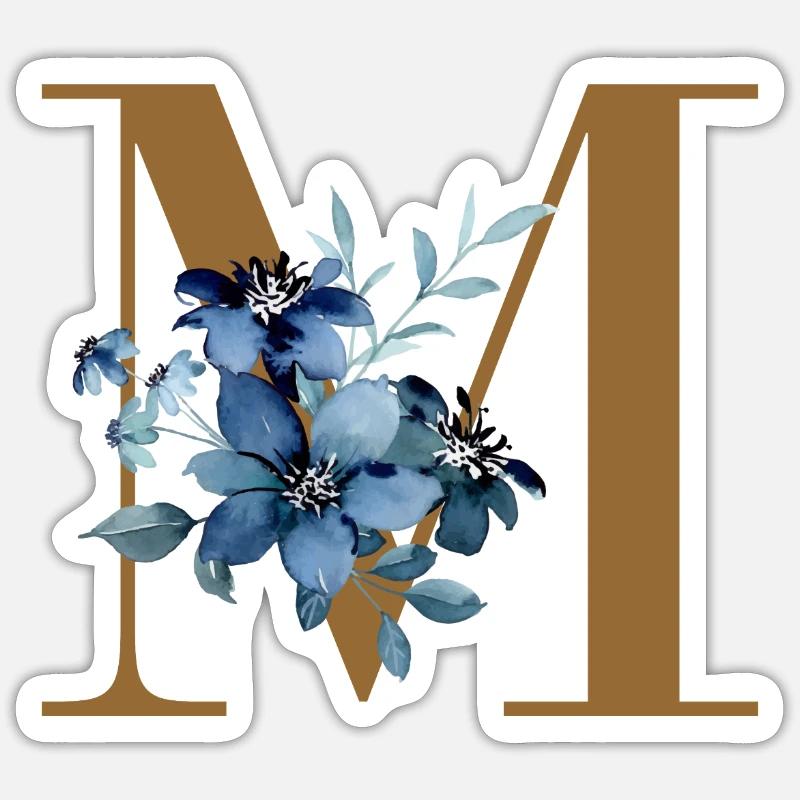 Monogram M with Blue Blossoms - Sticker size S (10 x 10 cm) - white matte