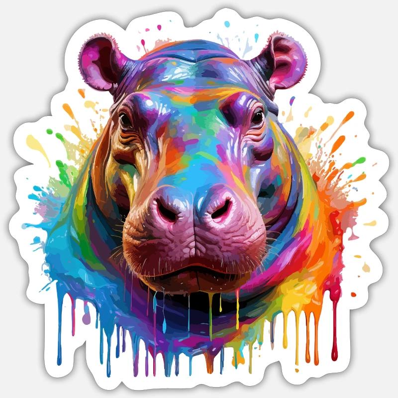 Bunter Hippo Farbexplosion Sticker Größe S (10 x 10 cm)
