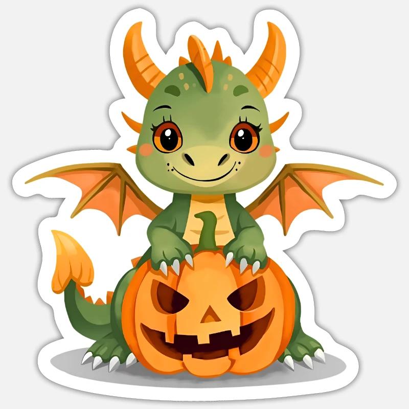 Mignon dragon vert avec citrouille d’Halloween - Sticker taille S (10 x 10 cm) - blanc mat