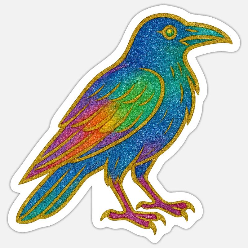 Rabe | Krähe | Regenbogen Vogel Glitzer Patch Sticker Größe S (10 x 10 cm)