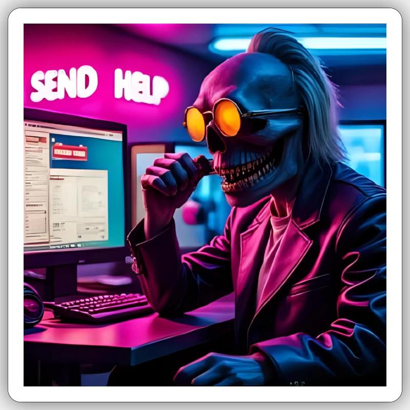 Cyberpunk Neon-Skull Hacker Send Help Design Sticker Größe S (10 x 10 cm)