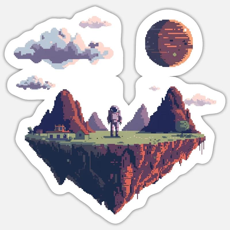 8-Bit Pixel Astronaut auf Schwebender Insel - Sticker Größe S (10 x 10 cm) - Mattweiß