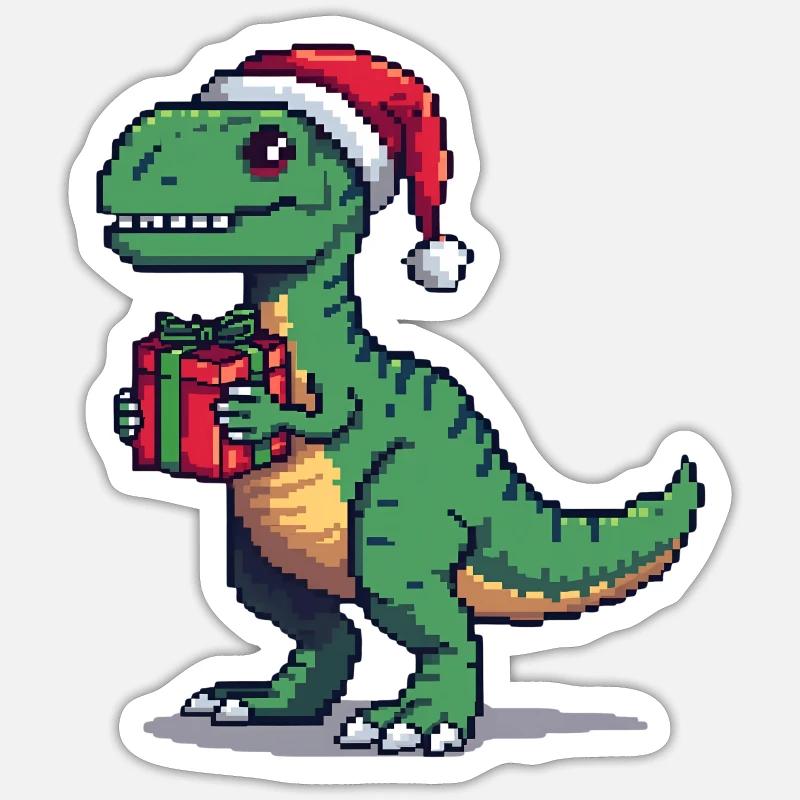 Vélociraptor 8 bits Pixel Noël - Sticker taille S (10 x 10 cm) - blanc mat