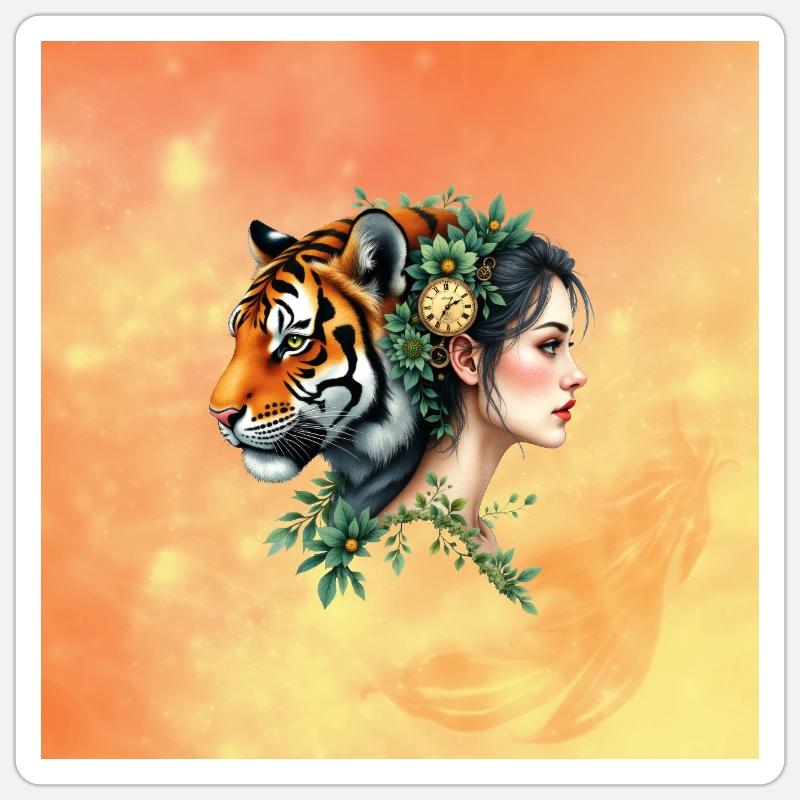 Blumenfarbene Tigerdame mit Uhr - Sticker Größe S (10 x 10 cm) - Mattweiß