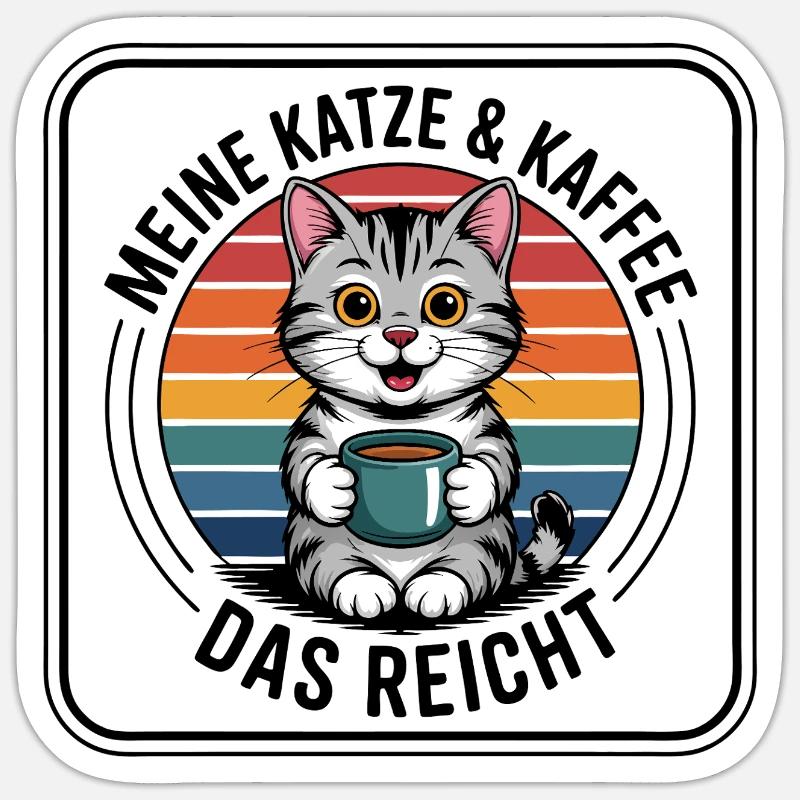 Kaffee Kätzchen im Retro Regenbogen - Sticker Größe S (10 x 10 cm) - Mattweiß