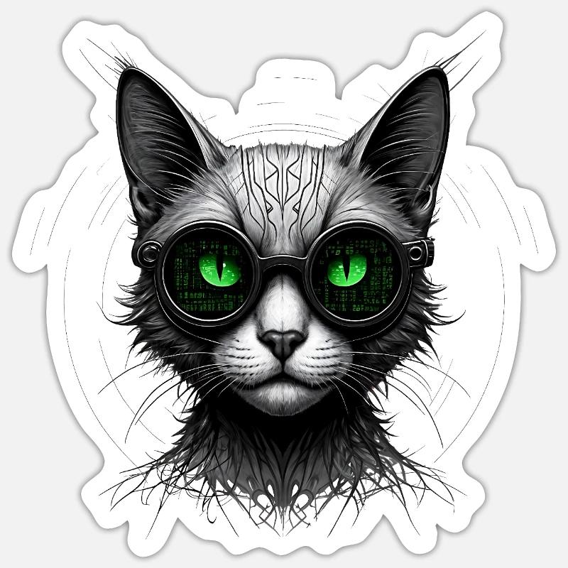 Chat geek codeur informatique au regard vert - Sticker taille S (10 x 10 cm) - blanc mat